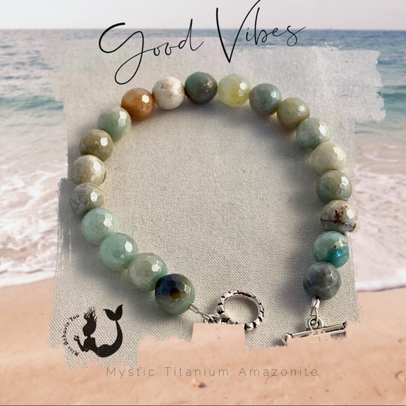 𝅺BEADED Bracelet Amazonite with Sterling Silver Toggle - Picture 1 of 8